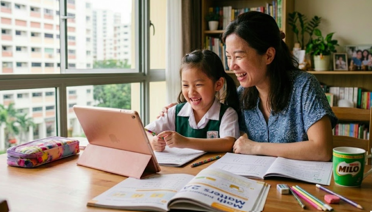 Mother and daughter learning together